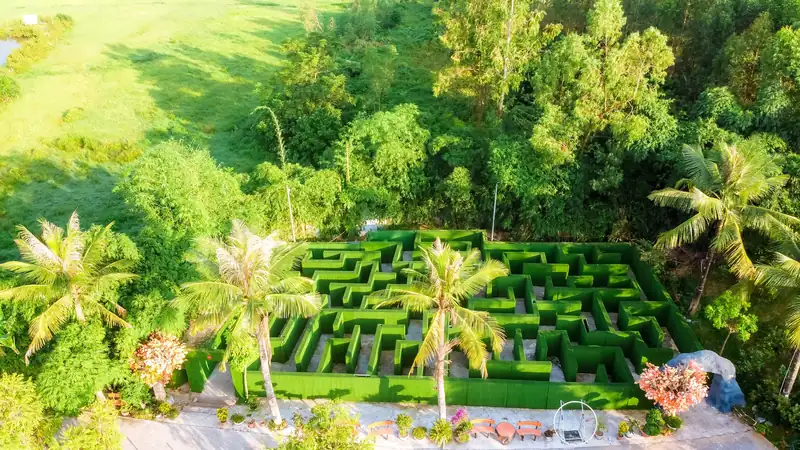 Mê cung cây xanh nhìn từ trên cao, viền hàng dừa và sườn đồi cỏ ở Glory Resort