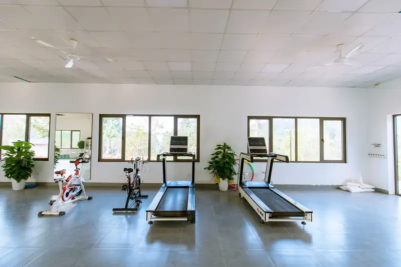 Phòng gym sáng sủa với máy chạy bộ, xe đạp tập và cửa sổ nhìn ra cây xanh