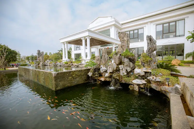 Bể cá Koi đàn cá đỏ bơi dưới hòn non bộ, trước nhà điều hành trắng Glory Resort